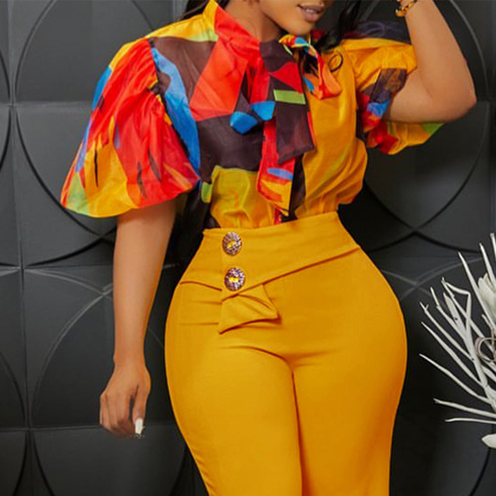 Bubble Sleeve Short-Sleeve Blouse Top