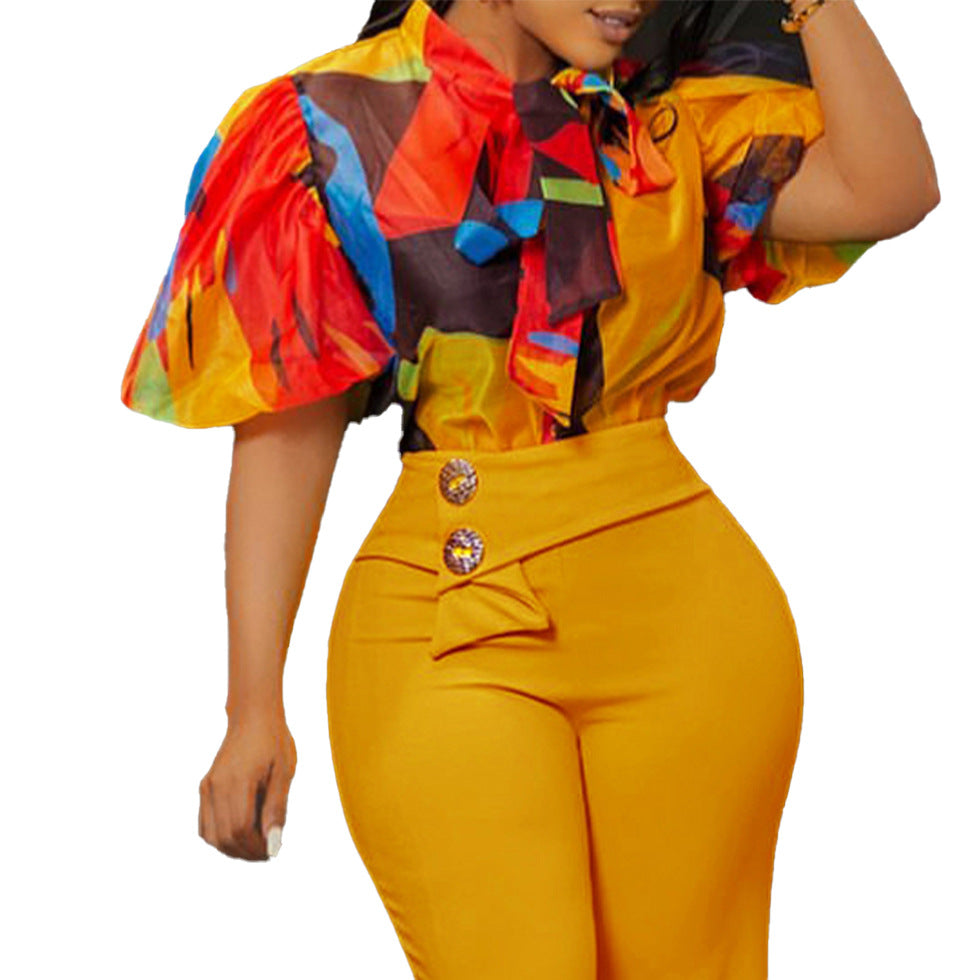 Bubble Sleeve Short-Sleeve Blouse Top